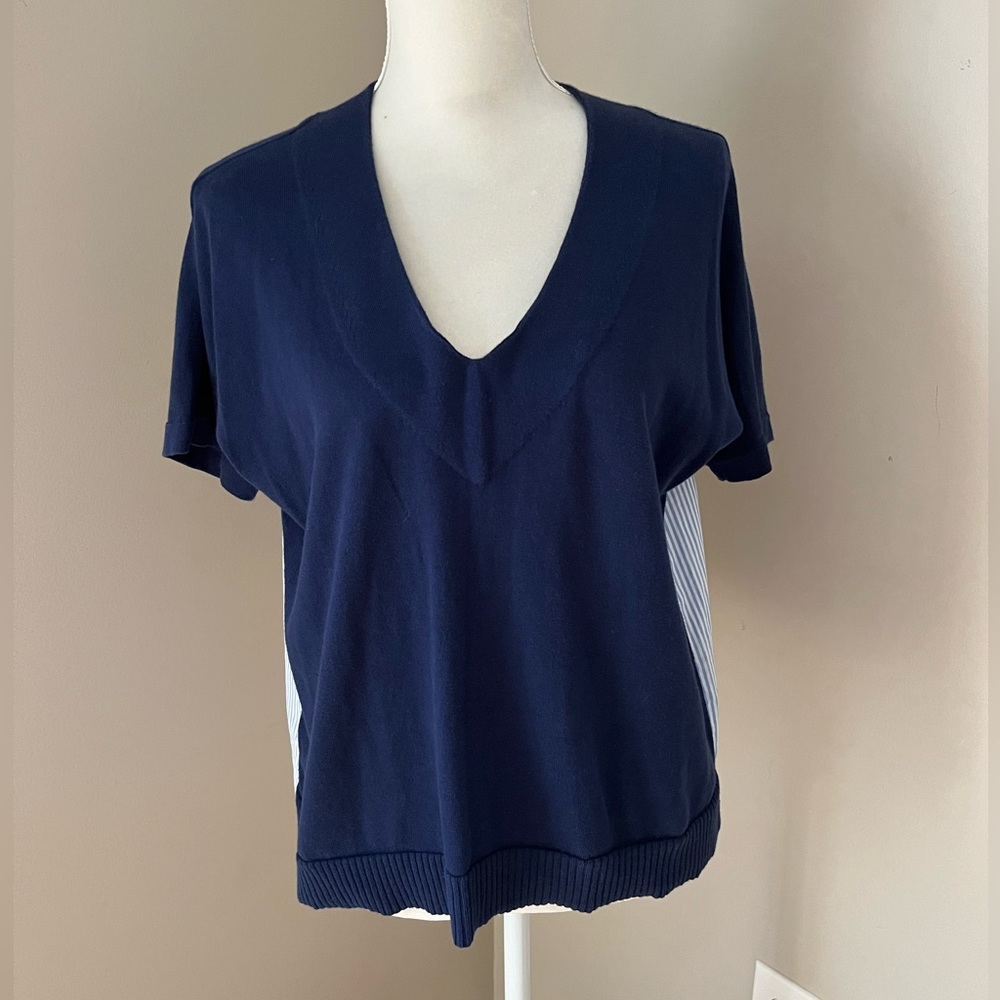 Vineyard Vines Navy Mixed Media Poplin V-Neck Women's Top